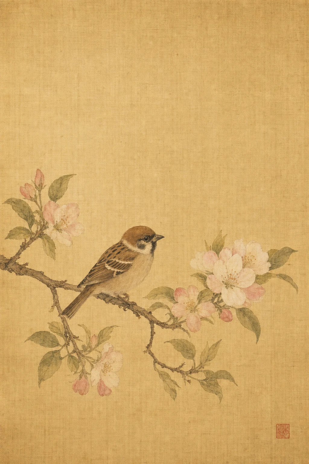 Peinture chinoise, petit oiseau sur branche de pommier en fleurs